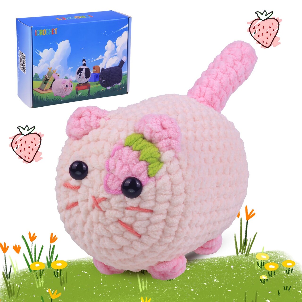 Crochet Kit for Beginners, Crochet Kit with Step-by-Step Video Tutorials, Beginner Crochet Kit for Adults, Crochet Animal Kit for Kids(Pink cat)